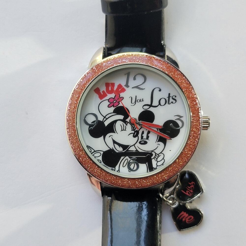 Vintage Disney Womens Watch White Dial Pink Bezel Black Strap Quartz Mickey
